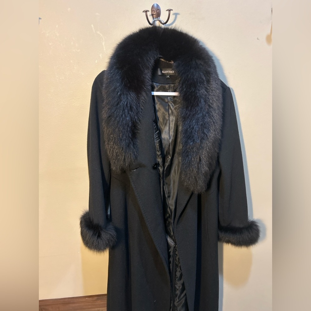 full-length black wool-blend overcoat by Ellen Tracy